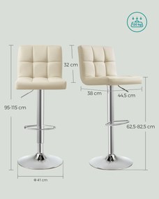 Conjunto de 2 bancos de bar 43 x 44,5 x (95-115) cm, ajustáveis em altura e com encosto bege areia