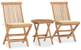 vidaXL 3 pcs conj. jantar dobrável exterior c/ almofadão teca maciça