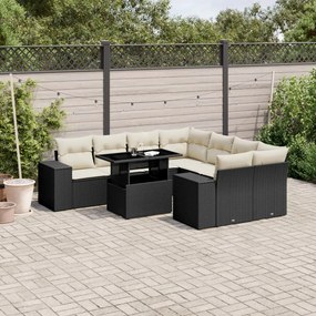 9 pcs conjunto de sofás p/ jardim c/ almofadões vime PE preto