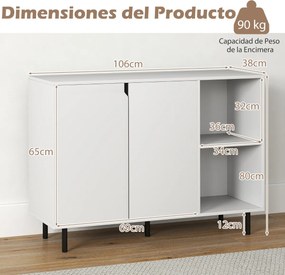 Aparador Buffet Armário de cozinha moderno com 2 portas e Estantes 106 x 38 x 80 cm Branco