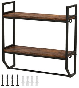 Prateleira flutuante de 2 níveis com toalheiro com estrutura metálica para parede de sala, cozinha e casa de banho 59 x 20 x 58 cm Castanho