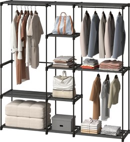 Guarda roupa aberto em tecido com barra para pendurar roupa e prateleiras, 182 x 43 x 185 cm, preto