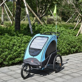 Reboque de criança 3 em 1 de 2 lugares para crianças acima de 6 meses Dobrável com barra rodas giratórias e guiador ajustável 150x85x107cm Azul