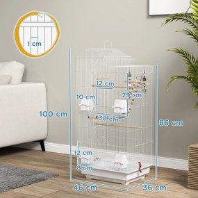 Gaiola para Passáros de Metal com Portas 4 Comedouros 3 Poleiros Baloiço Escadas e Bandeja Removível  46x36x100 cm Branco