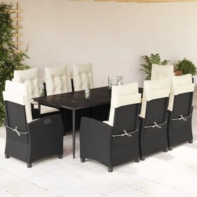 vidaXL 9 pcs conjunto de jantar p/ jardim c/ almofadões vime PE preto