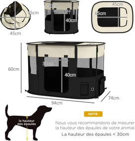 Parque dobrável para cães, gatos e pequenos animais em tecido Oxford com compartimento de arrumação, 94 x 74 x 60 cm, branco creme e preto