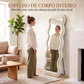 Espelho de Corpo Inteiro 160x60 cm com Moldura Ondulada Aveludada, de Pé, Apoiado e de Parede, Creme