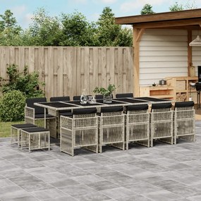 vidaXL 15 pcs conj. jantar jardim c/ almofadões vime PE cinzento-claro