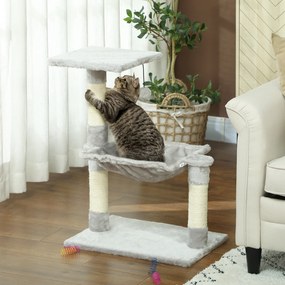 Arranhador para gatos com 3 arranhadores de sisal natural, plataforma, rede e bola suspensa, 50 x 26 x 70 cm, cinzento