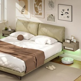 Conjunto de 2 Mesas de Cabeceira Flutuantes 37x32x21 cm com Luzes LED RGB Controlo por APP e Prateleira Aberta Madeira