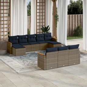 vidaXL 10 pcs conjunto sofás p/ jardim c/ almofadões vime PE cinzento