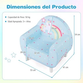 Sofá infantil 55 x 41 x 54 cm com tecido respirável e enchimento de espuma de alta densidade colorido desnho de unicórnio Azul