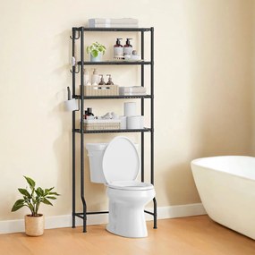 Estante para casa de banho sob sanita 30 x 63 x 176 cm com 4 prateleiras e ganchos Preto