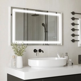 kleankin Espelho Casa de Banho com Luz LED 100x60cm Espelho de Parede com Interruptor Tátil 3 Luzes Ajustáveis Função de Memória e Estrutura de Alumínio Espelho Suspenso em 2 Formas Prata