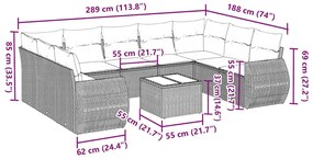 10 pcs conj. sofás jardim com almofadões vime PE cinzento-claro