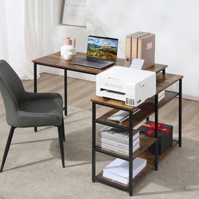 Mesa de escritório de canto, com 3 prateleiras e com acabamento em madeira envelhecida e metal preto