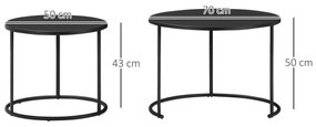 Outsunny Conjunto de 2 Mesas de Café Ø70x50 cm e Ø50x43 cm Mesas Auxiliares Redondas de Metal para Sala de Estar Dormitório Carga Máxima 25kg Preto