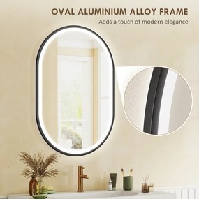 Espelho de Casa de Banho com Luz 60x90 cm Espelho de Parede Oval 3 Cores de Luz Brilho Regulável Função Antiembaçiamento Memória Preto