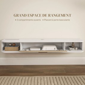 Móvel de TV de parede 120 L x 26 P x 16 A cm, para ecrãs até 50 polegadas, com compartimentos abertos e armário com porta rebatível, branco