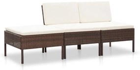 vidaXL 3 pcs conjunto lounge jardim c/ almofadões vime PE castanho