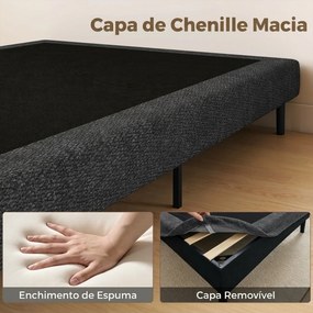 Cama Estofada 144x195 cm com Revestimento em Chenille Estrado de Ripas em Madeira Pés em Aço Montagem Fácil 400 kg Cinza