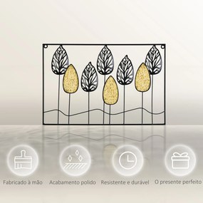 Decoração de Parede de Metal 3D Folhas de Abeto Arte de Parede Suspensa para Sala de Estar Dormitório Escritório 40x60cm Preto e Amarelo