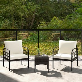 Conjunto de móveis jardim de vime de rattan de 3 peças com cadeiras almofadadas Mesa de centro de vidro temperado para varanda, pátio e pátio preto e