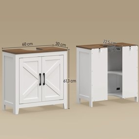 Móvel de Lavatório (NÃO INCLUIDO) Estilo Rústico 60x30x61,3 cm com Prateleira Ajustável e 2 Portas Tipo Celeiro, Branco