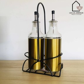 Galheteiro Vidro e Metal Dourado