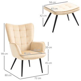 HOMCOM Poltrona Individual com Otomana Estofada em Veludo Poltrona de Sala de Estar com Encosto Alto Apoio para os Braços para Dormitório Escritório Carga Máxima 150kg 72x80x99cm Bege