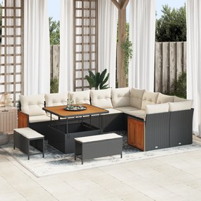 Conjunto de Sofá de Jardim de 12 Peças com Almofadas Preto Rattan Poliéster Acácia