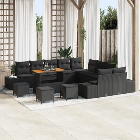 Conjunto de Sofá de Jardim vidaXL de 14 Peças com Almofadas Preto Polirattan Acácia