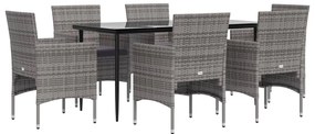 7 pcs conjunto de jantar p/ jardim c/ almofadões cinza e preto