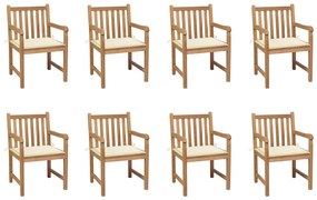 vidaXL Cadeiras de jardim c/ almofadões cor creme 8 pcs teca maciça