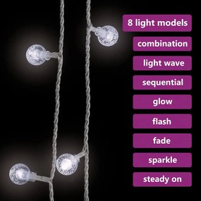 Cordão de luzes em globo 20 m 200 LED 8 funções branco frio