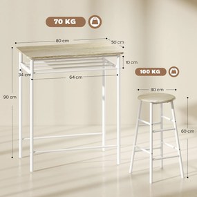 Conjunto de Móvel Bar com Mesa Alta e 2 Bancos com Prateleira de Armazenamento e Estrutura de Metal 80x50x90cm Branco e Madeira