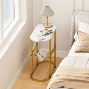 Mesa apoio, mesa de cabeçeira Estreita 60 x 28,5 x 64 cm com Tampo de Imitação Mármore  e Suporte para Revistas Estrutura Metálica Dourada e Branco