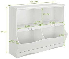 Estante armazenamento infantil com 2 compartimentos e 2 recipientes para organizador de brinquedos de quarto e sala 105,5 x 39,5 x 84 cm branco