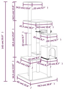 Árvore p/ gatos c/ postes arranhadores sisal 142 cm cinza-claro