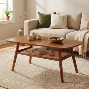 Mesa de Centro Retangular, 100 x 53,5 x 45,5 cm, Prateleira de Rotim PE, Castanho