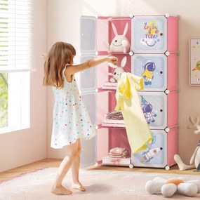Guarda roupa infantil portátil 71 x 35,5 x 142 cm com 8 cubos com 2 secções para pendurar roupa 71 x 35,5 x 142 cm Rosa
