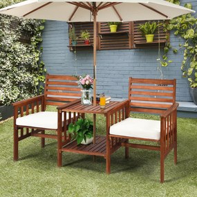 Conjunto jardim de 3 peças de mesa e cadeiras externas de madeira de acácia de 2 lugares com almofadas para pátio jardim branco