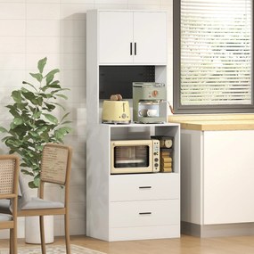 Móvel Auxiliar de Cozinha com Suporte para Micro-ondas 2 Gavetas 2 Portas e Painel Perfurado de Metal Branco