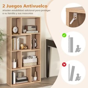 Estante geométrica de 4 níveis com 120 cm de altura com 8 cubos aberta para sala de estar e escritório Natural