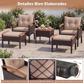 Conjunto jardim de 5 peças de vime para jardim, com 2 poltronas, 2 pufes, mesa auxiliar, almofadas e tampo em madeira de acácia Castanho misturado e a
