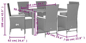 7 pcs conjunto de jantar p/ jardim c/ almofadões vime PE preto