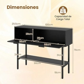 Mesa consola estreita em rattan PE 100 x 29,5 x 76 cm, estilo boémio, com portas, prateleiras e estrutura metálica, para a sala de estar ou o hall de