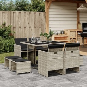 vidaXL 9 pcs conjunto de jantar p/ jardim c/ almofadões cinzento claro