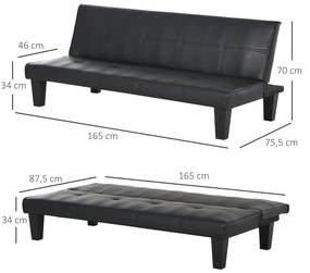 Sofá - cama 3 lugares com pernas levantadas Acolchoado 165x75,5x70cm Preto