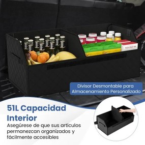Organizador dobrável para porta-malas Carro 51L com tampa acolchoada em couro 30 x 69 x 27,5 cm e divisória ajustável Grande capacidade Preto